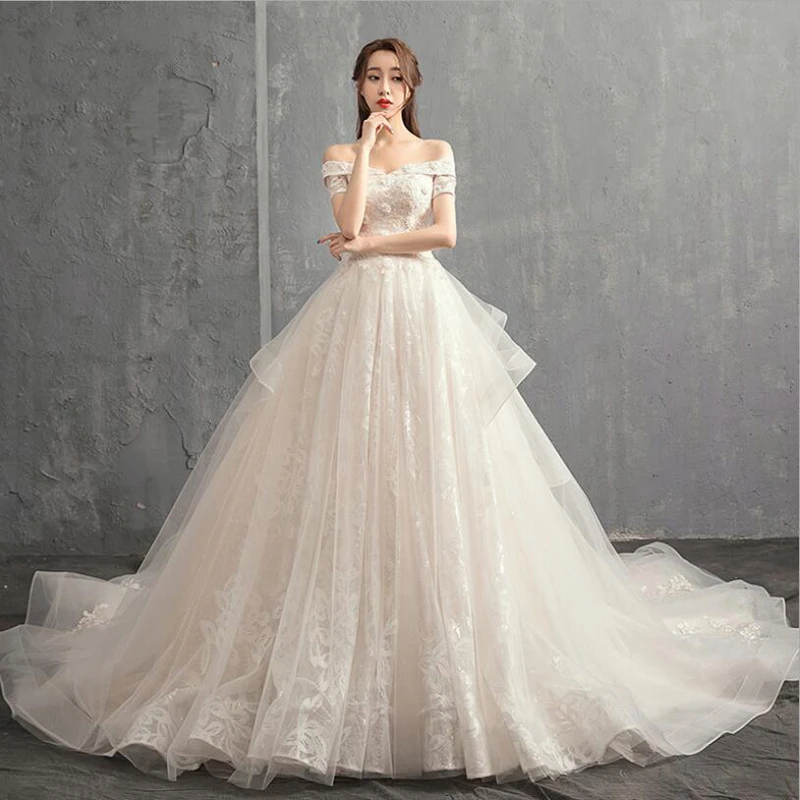 Vestido de Noiva/2019; свадебное платье принцессы; бальное платье с открытыми плечами и бусинами; кружевное подвенечное платье; свадебное платье; Robe