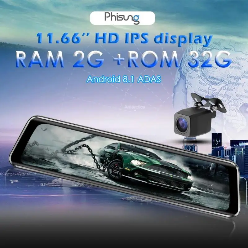 Phisung Z66 4G Android 8,1 FHD 1080P Автомобильный видеорегистратор Камера 11,66 дюймов зеркало заднего вида Двойной Объектив WiFi gps ADAS видеорегистратор