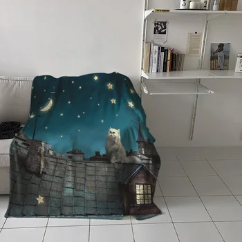 

Roof Kitten Night Moon Stars Printed Flannel Blanket Soft Throw Blanket Machine Washable Blankets for Beds Customizable Travel