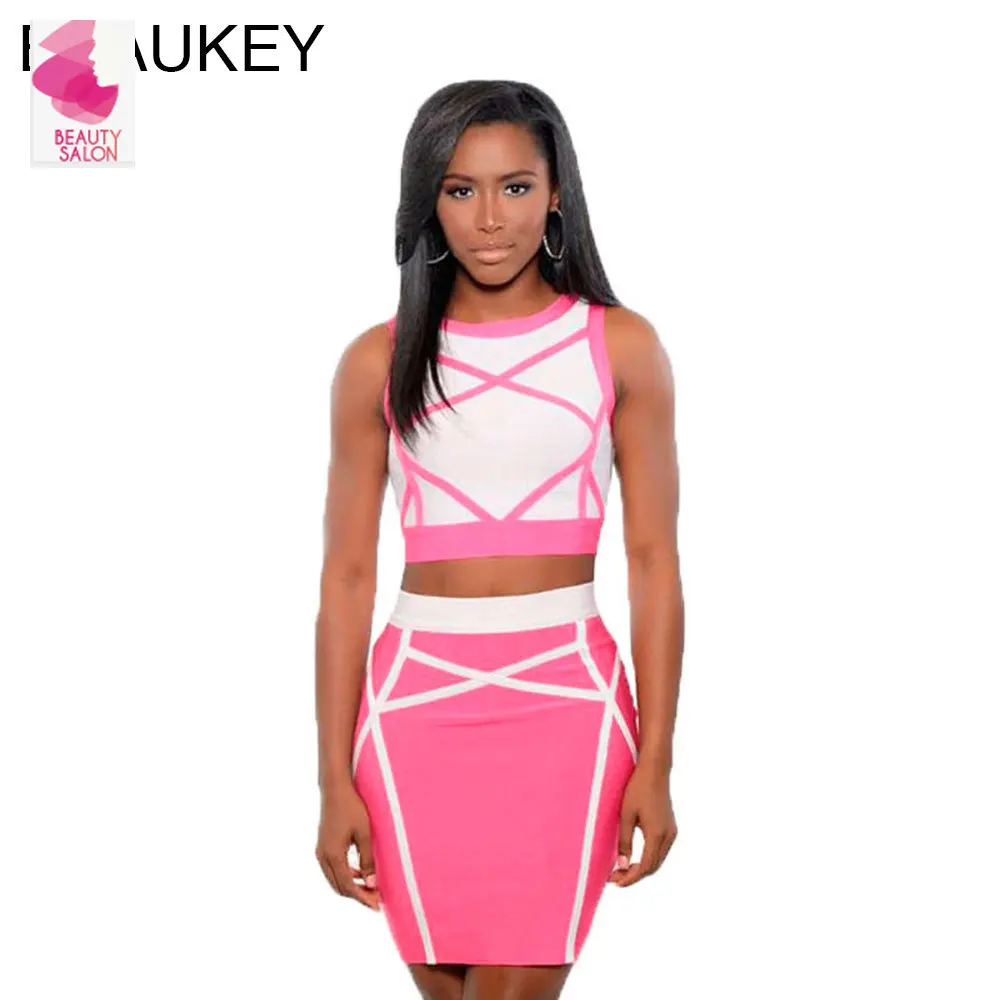 

Rayon 2 Pieces Set Pink Cross Stripes And White Sleeveless Crop Top And High Waist Knitted Elastic Knee Length Skirt