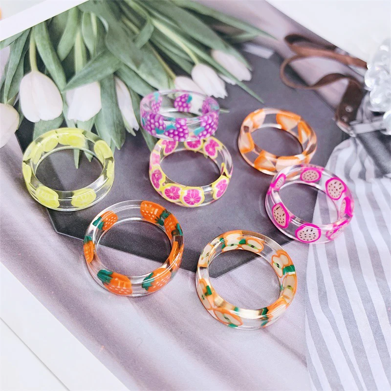 New Fruit Ring Fashion Korea Colorful Transparent Resin Rings Summer