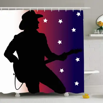 

Shower Curtain Set with Hooks 60x72 Shapes Western Country Music Man Playing Silhouette Guitar Red Stars Transportation People