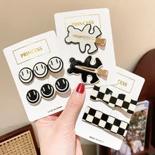 

Women Fashion Checkerboard Smile Face Headwear Baby Cute Bear Hair Clip Girls Wave Hairpin Sweet Bangs Clip Hair Accessories