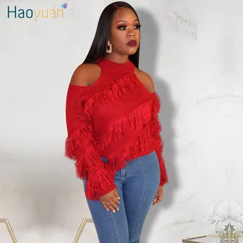 

HAOYUAN Sexy Tassel Knitted Sweater Women Fashion Spring Clothing Cold Shoulder Long Sleeve Pullover Jumper Oversized Sweater