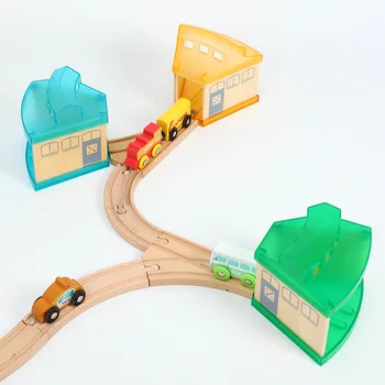 

Plastic Garage Parking Wooden Train Track Accessories Track Rail Transit Train Slot Wood Thoman Railway Puzzle Toys For Children