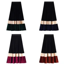 Осень Зима Новая плиссированная юбка ретро стрейч Высокая талия эластичная строчка цвет золотой бархат Длинная юбка Y