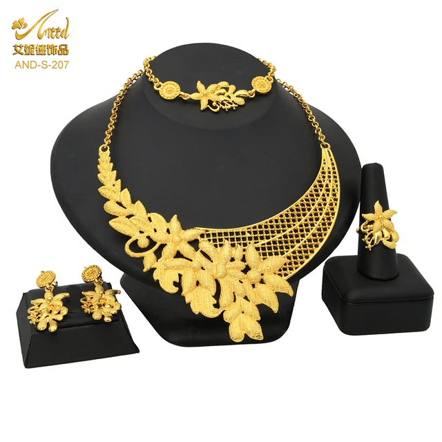Indian Jewelry Set Wedding 24k Gold Color African Jewelry Dubai Bridal Sets Nigerian Necklace Bracelet Earring Gold Jewellery S-207-Gold