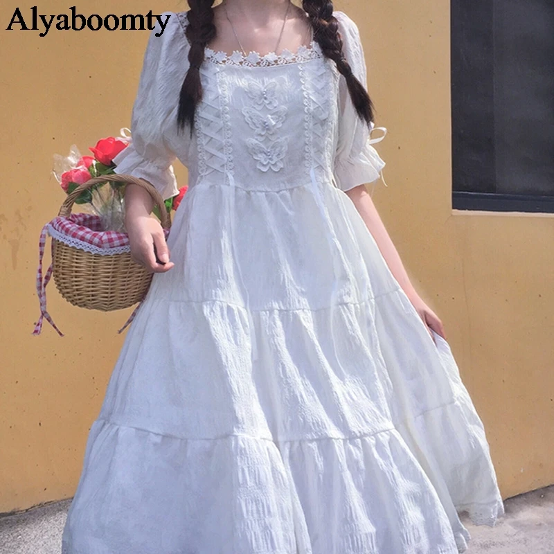Japanese Summer Women White Pink Fairy Dress Lace Collar Butterfly Tiered Bandage Slim Ruffles Party Princess Lolita | Женская одежда