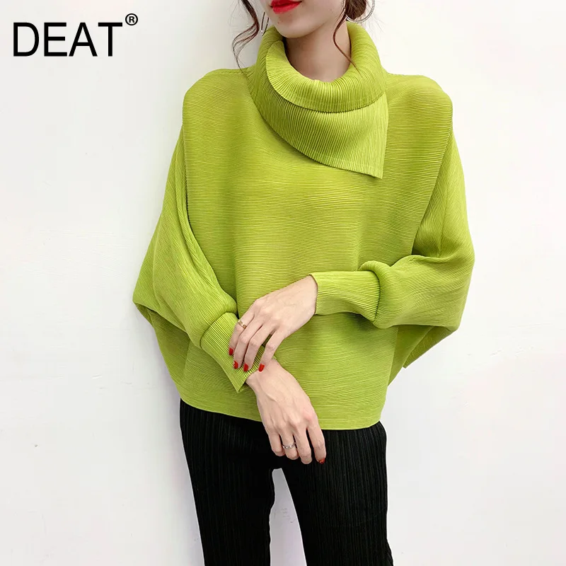 DEAT Woman Pleated T Shirt Lapel Collar Ruffled Solid Pullover Tops Elastic Batwing Sleeve Casual Style 2021 New Autumn 15HT423 | Женская