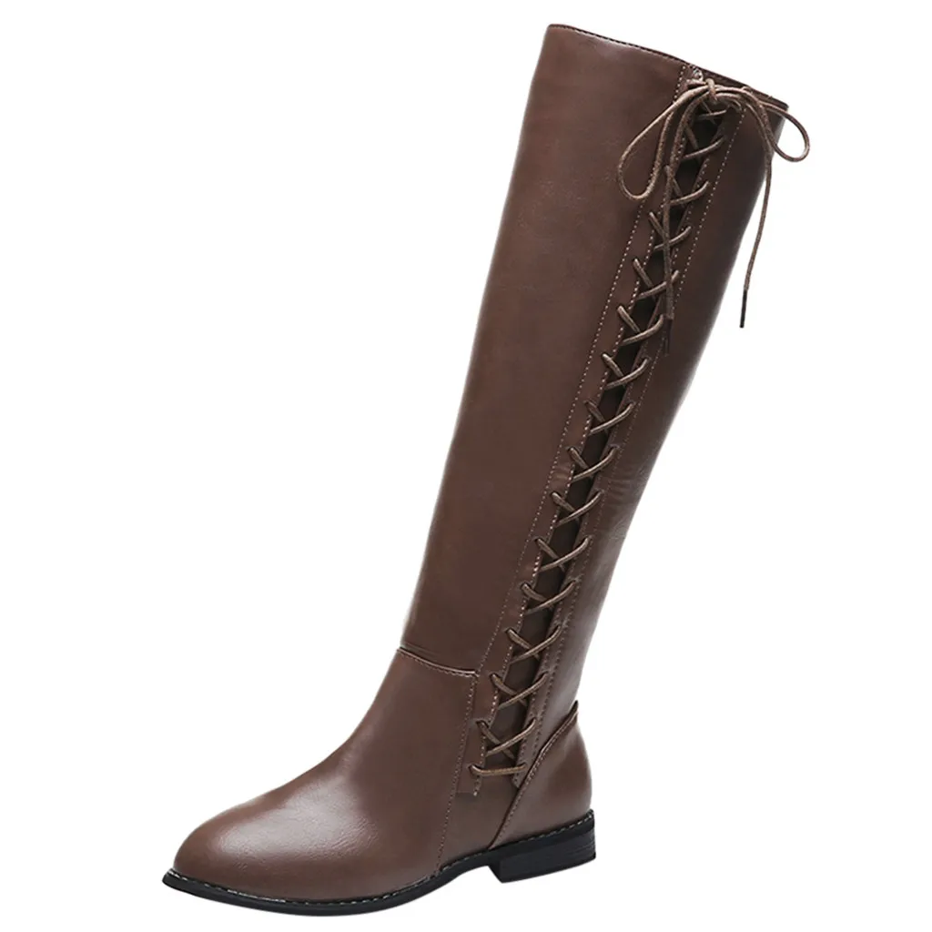 Retro Leather Riding Boots For Women Winter Long Tube Boot Strappy Classic Knight Boot Lady Low Heel Knee-High Shoes Rome Style - Цвет: Light Brown