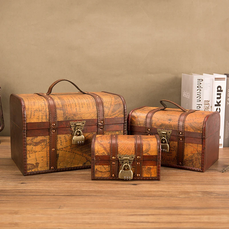 

Antique Storage Box Three-piece Retro Wooden Box Shooting Movie Props Box Home Retro Decoration Lock Storage Treasure Boxes