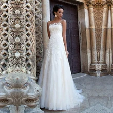 Элегантный Линия Тюль Bateau декольте Свадебные платья с Кружева Аппликации с открытой спиной Свадебные Уникальные платья Vestido De Novia