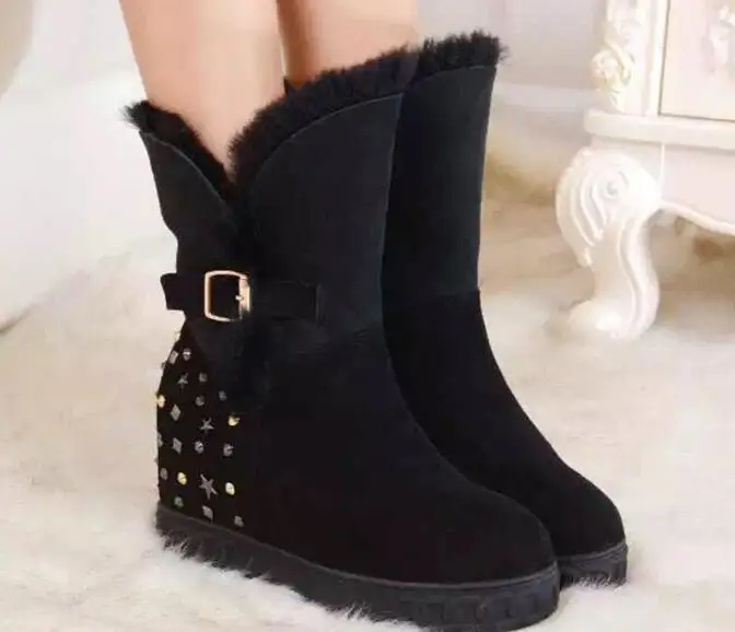 

Winter New Girls Black Pink 80 mm Hidden Wedge Ankle Boots Round Toe Height Increasing Rives Fur Snow Boots Woman Shoes