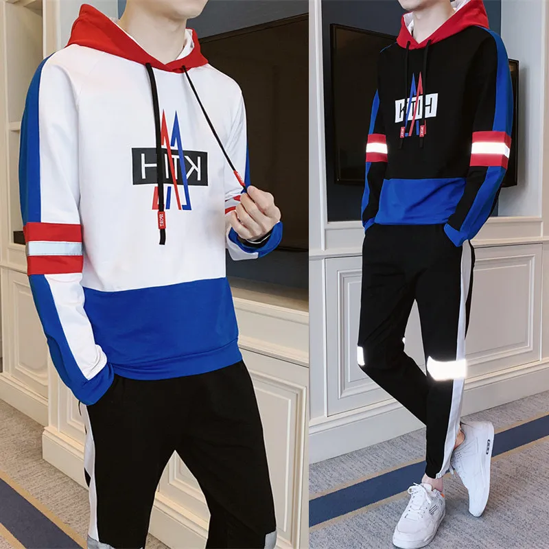 

2019 New Style Hoodie Men's Spring And Autumn-Style Two-Piece Set Loose Casual Mixed Colors Trend Teenager Set