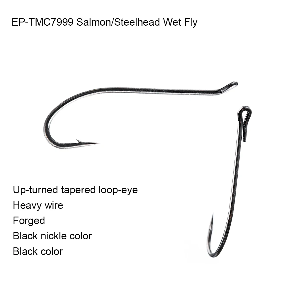 100pcs-eupheng-ep-tmc7999-salmon-steelhead-wet-fly-fishing-hook-black-nickle-up-turned-tapered-loop-eye