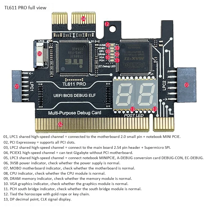 Многофункциональная диагностическая карта TL611 PRO PCI E LPC материнская плата