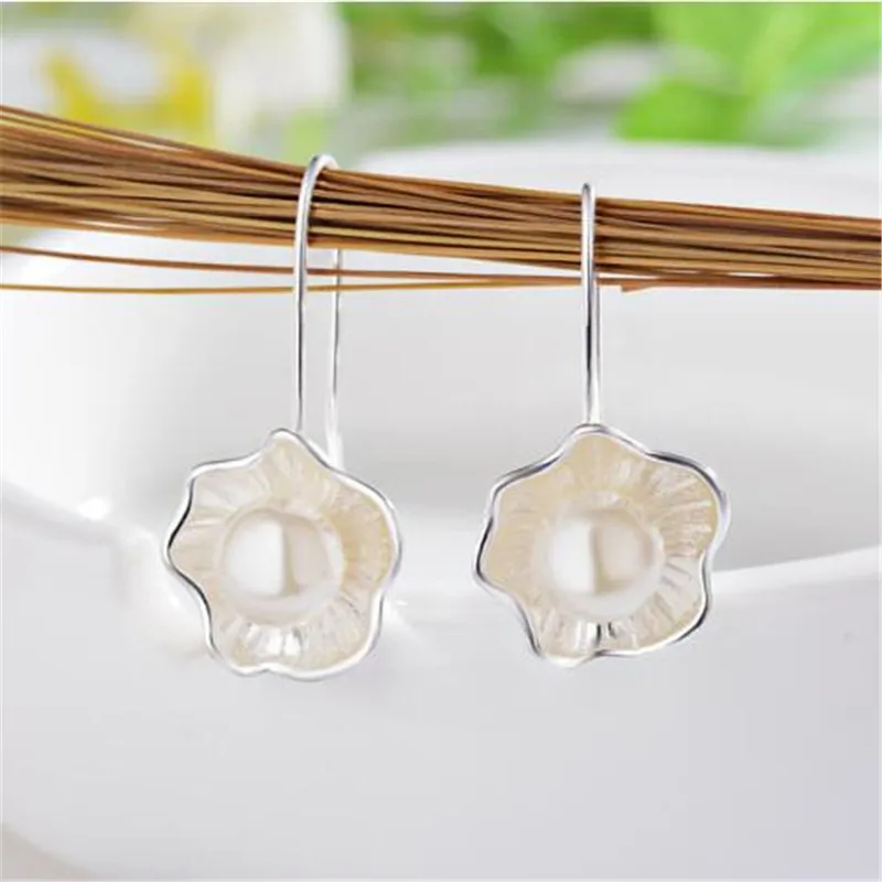925 Sterling Silver Female Dangle Earrings Lotus Pearl Fresh Flower E054 dangle earrings pearl earrings flower earrings lotus earrings