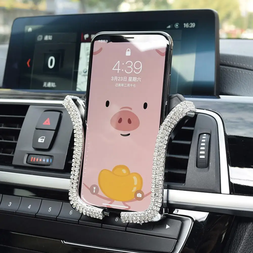 Car Phone Holder Universal U-shaped Crystal Rhinestone Bracket for |