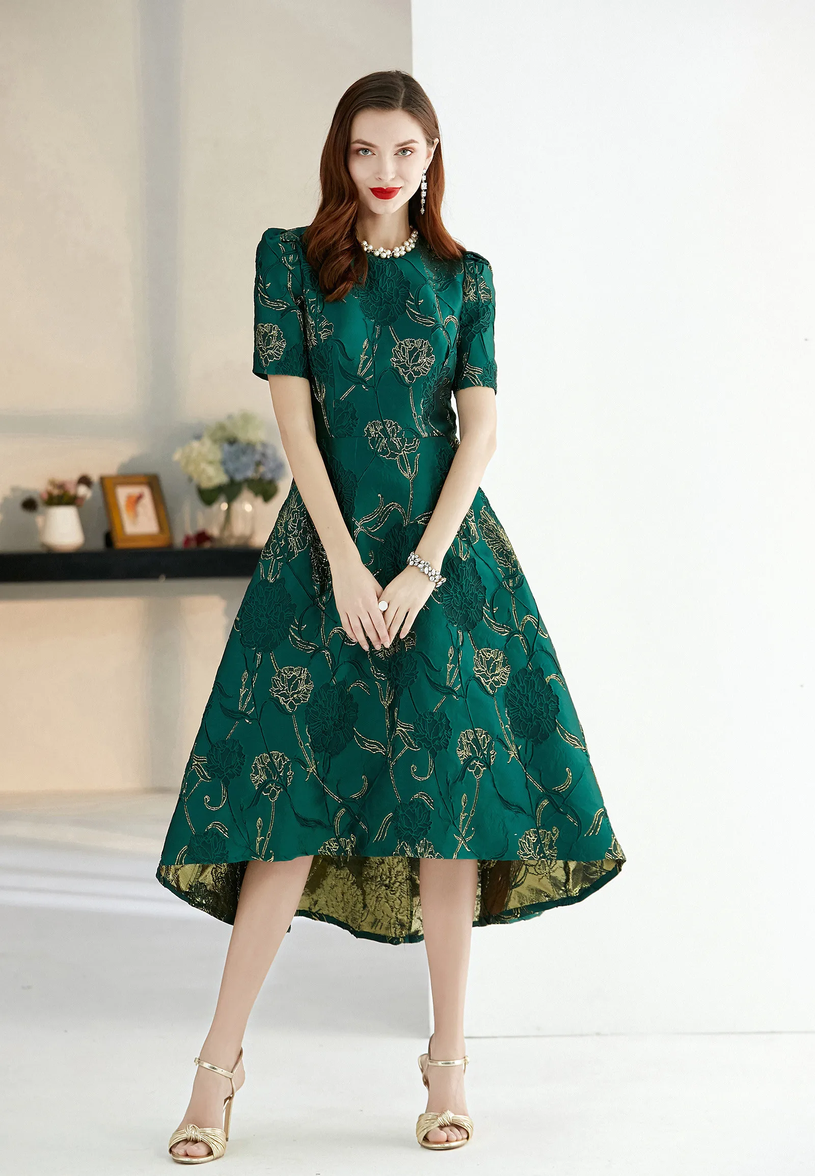 Quality Women short Sleeve Maxi summer Dress Elegant Boho Floral Jacquard Dress Fashion Party Long Autumn Dress