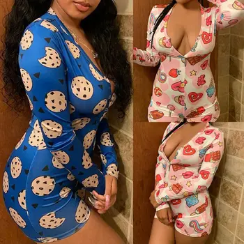 

Sexy Women Cute Print Playsuit Summer Long Sleeve Bodysuit Deep V Neck Crop Jumpsuit Home Clothes