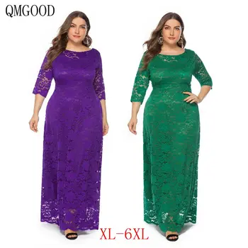 

QMGOOD Dresses Woman Party Night Plus Size Vintage Lace Long Dress 2019 Christmas Dress Elegant Woman Lace Dress Robe Femme 6XL