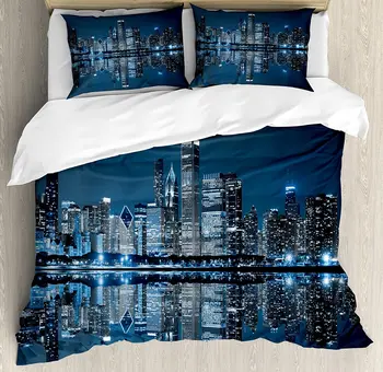 

Chicago Skyline Duvet Cover Set Sleeping City Dramatic Urban Resting Popular American Lake Picture Bedding Set Night Blue Grey
