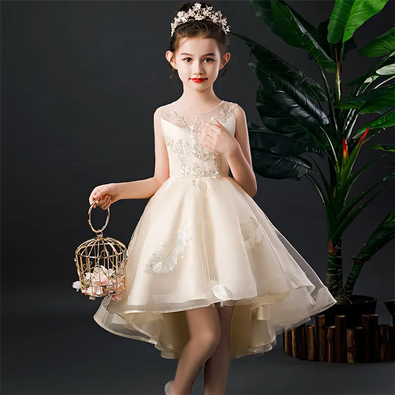 

Baby Kids Elegant Noble Sequined Champagne Color Birthday Evening Party Tail Prom Dress Children Piano Host Pageants Dress Wear