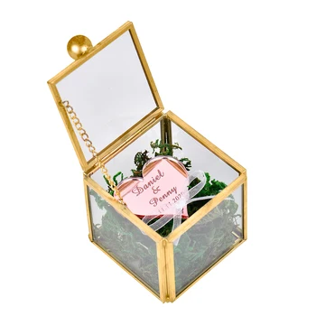 

Personalized Engraved Wedding Glass Ring Box Love Heart Jewelry Box Copper Ring Holder SquareEternal Flower Name Customize