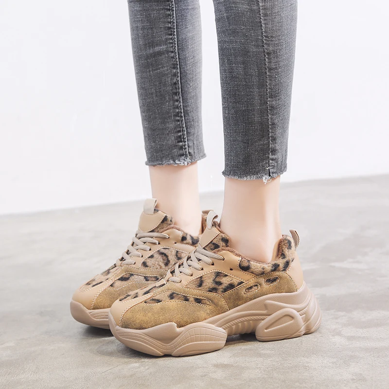 

Gray Khaki Leopard Sneakers Women Winter Platform Sneakers Keep Warm Vulcanize Shoes Chunky Trainers Non Slip Dad Shoes