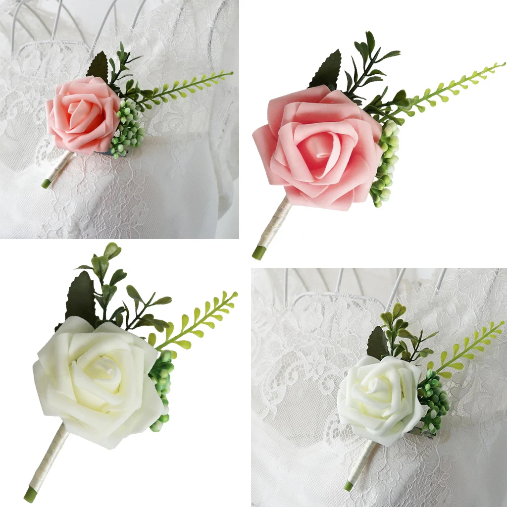 Wedding Boutonniere Artificial PE Rose Flowers Corsages for Bride Groom Groomsmen  Bouquet Brooch Wedding Home Decors 