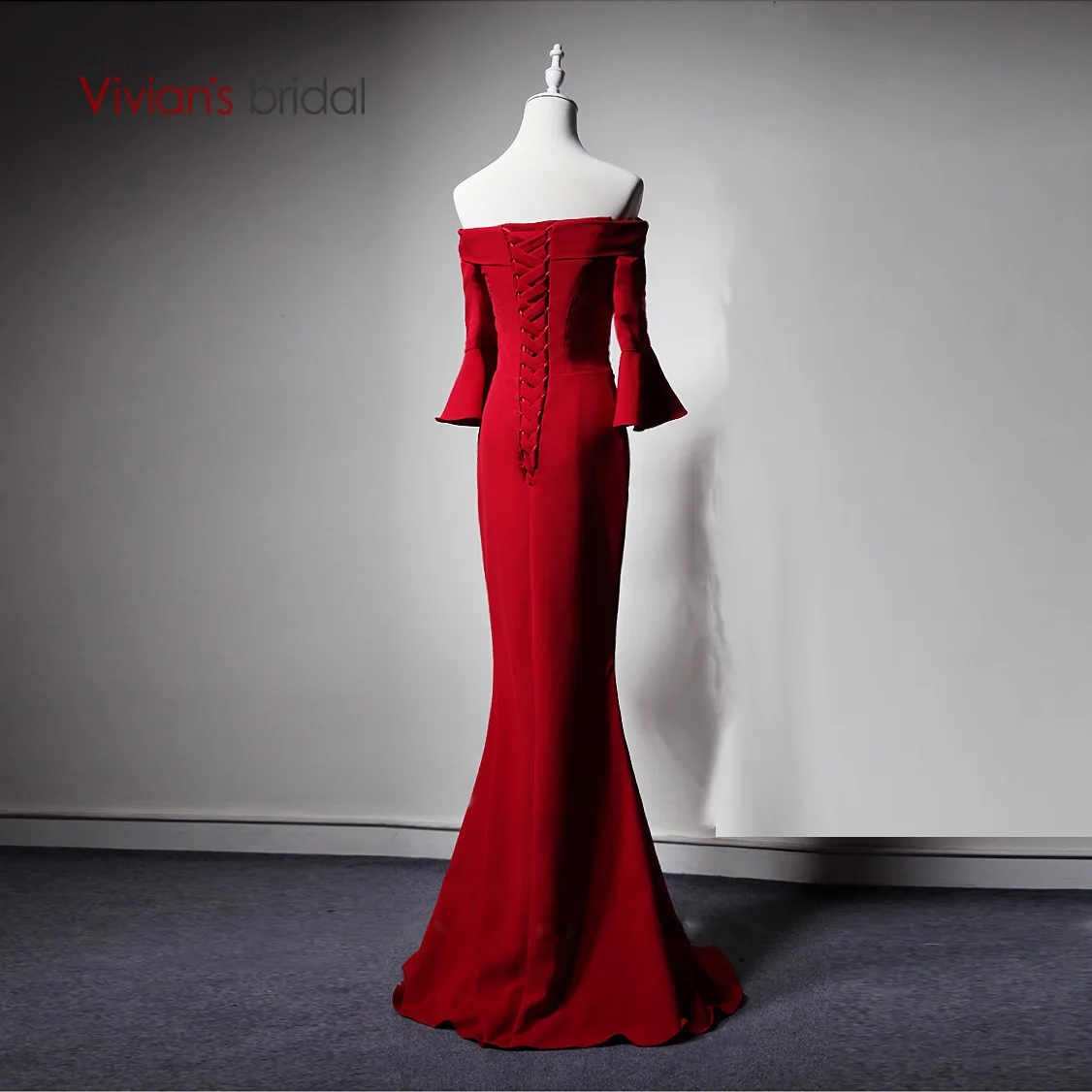 Vivian's Bridal Vintage Wine Satin Evening Dress Sexy Off Shoulder Side Keen Length Slit Draped Sweep Train Formal Dress