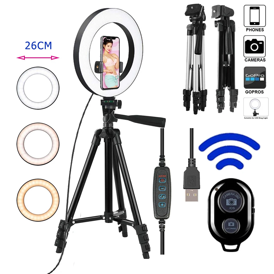26cm foto Ringlight Led Selfie anillo luz teléfono Bluetooth lámpara remota fotografía trípode con iluminación soporte Youtube Video|Kit de iluminación fotográfica|   - AliExpress