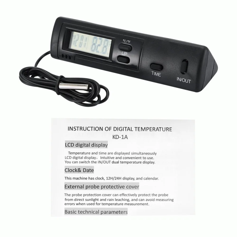 KD-1 LCD Digital Electronic Thermometer Waterproof Automotive Home Industrial Freezer Temperature Meter With Clock