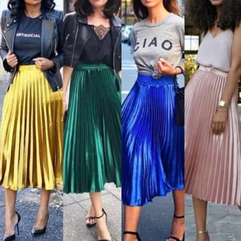 

New Spring 2020 Women Long Metallic Silver Maxi Pleated Skirt Midi Skirt High Waist Casual Party Skirt Vintage Autumn Warm Skirt