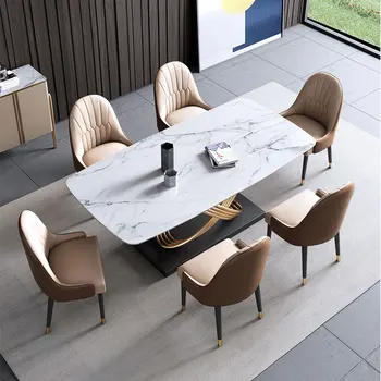 Simple Light Luxury Stainless Steel Marble Creative Golden Dinning Table Set 3