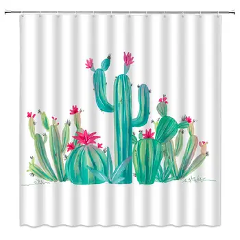 

Green Cactus Shower Curtain Art Red Flower Bathroom Curtain 70x70Inches Fabric Waterproof Polyester with Hooks