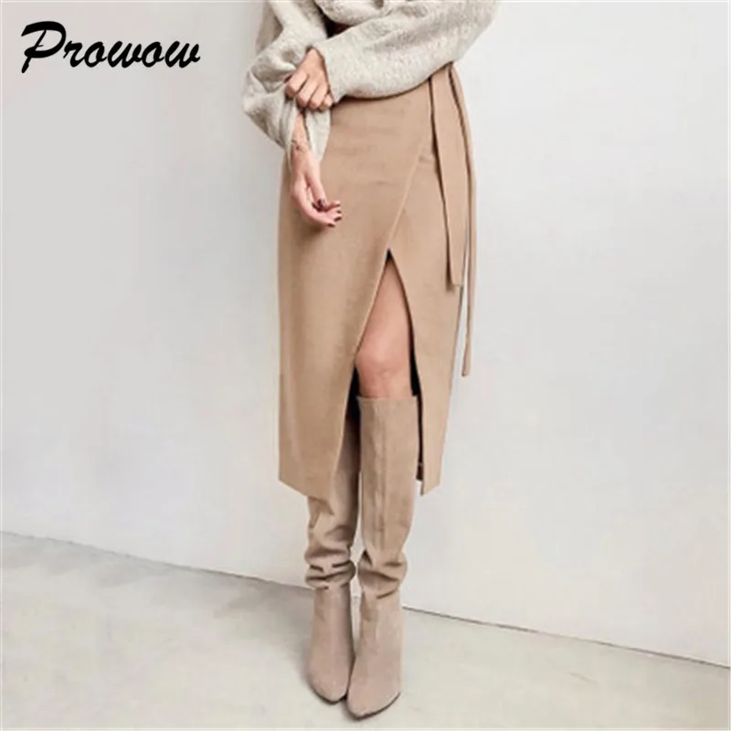 Suede Long Skirt Women Retro Female Hight Waist Asymmetry Casual Women Wrap Skirt Ladies Long Skirt Jupe Longue Femme Slim - Цвет: Хаки