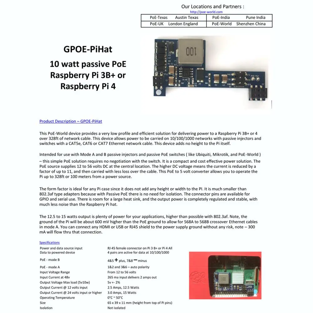 Passive POE-PiHat 10W PoE delivering power to a Raspberry Pi 3B+ or Pi 4, Output 5V PoE Hat board 6