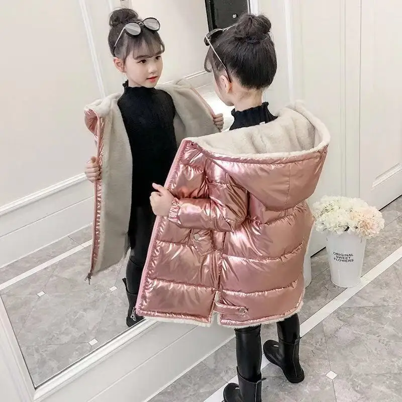 Online Chaqueta larga brillante de tejido dorado rosa de invierno para niñas con capucha cálida y brillante de algodón para niños abrigos Parkas para niños
