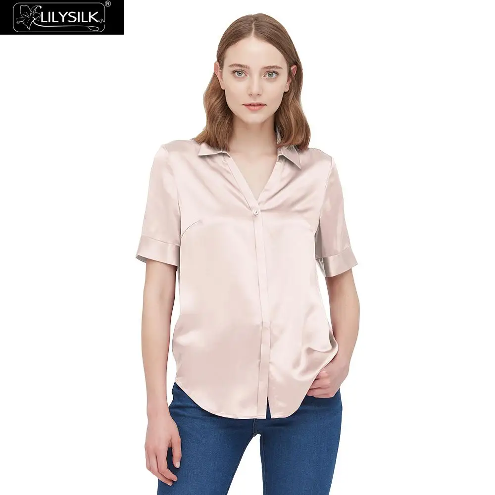 LilySilk рубашка из 100 шелка с коротким рукавом Универсальная Женская Новая - Цвет: Light Beige