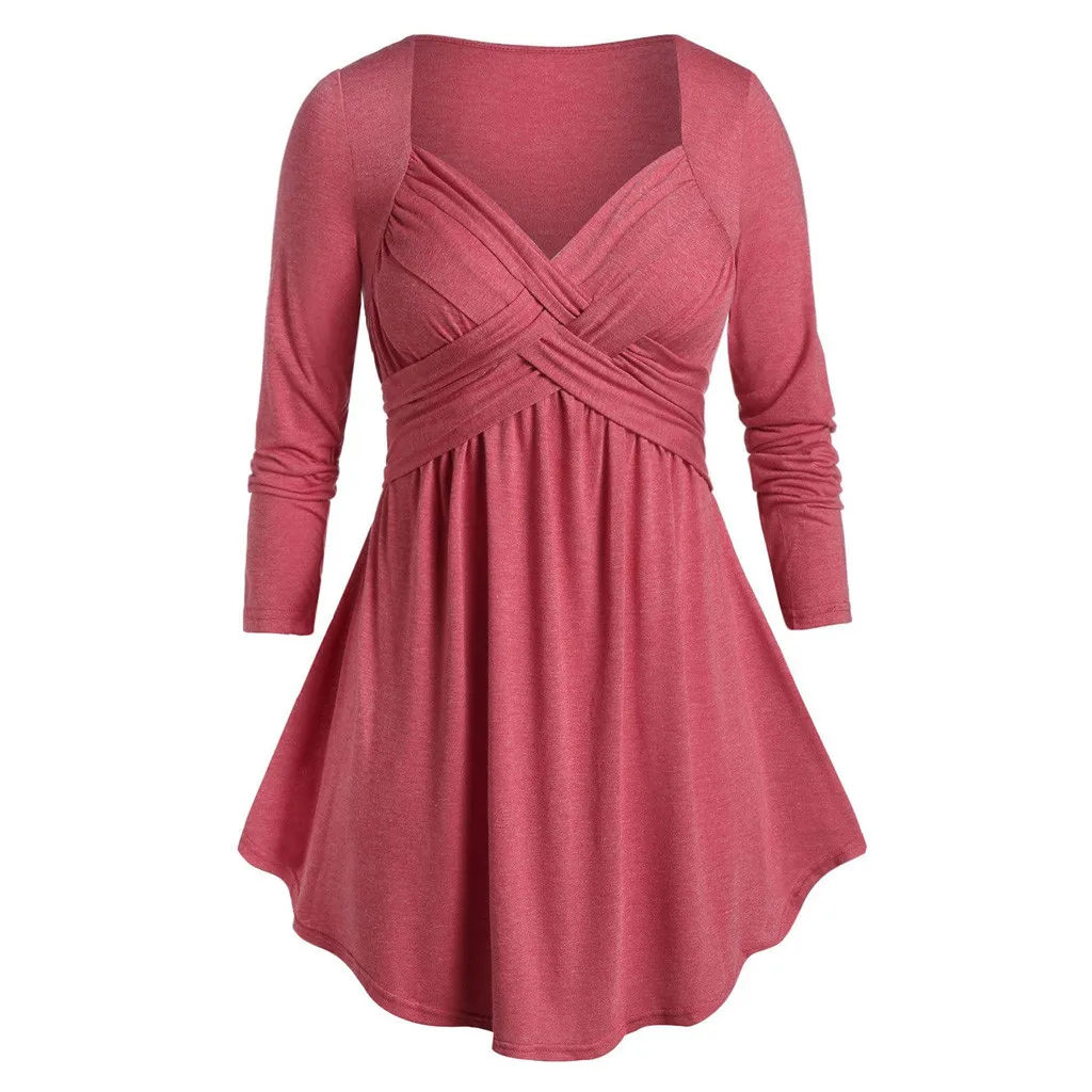 Женское платье, Женская Повседневная футболка размера плюс с воротником в виде сердечка, свободная туника, Однотонная футболка, женские уличные платья#45 - Цвет: Hot Pink