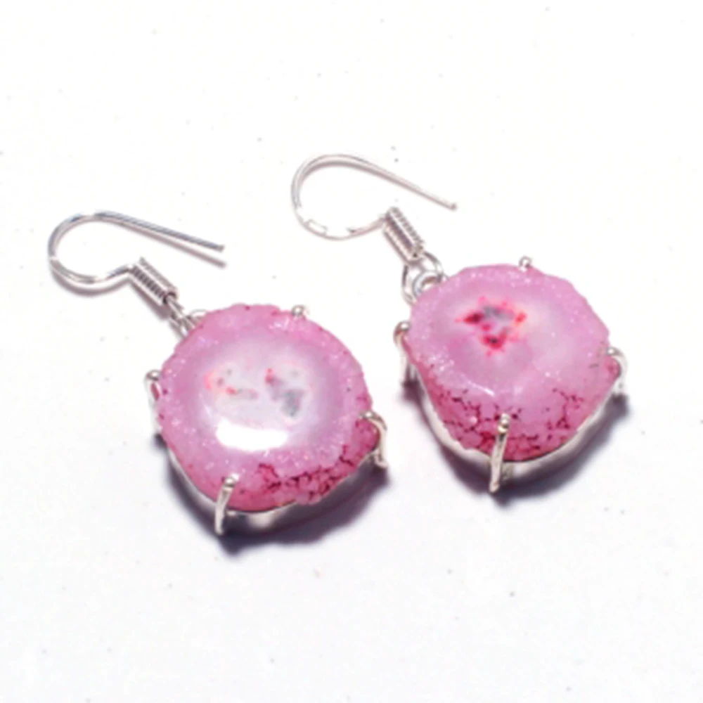 Подлинная Солнечная кварцевая Druzy Серебряная накладка на медные серьги ручная