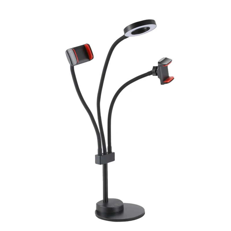 3 in 1 Lazy Bracket Phone Stand with 2 Holder Flexible Cellphone Clip with 24 LED Lightbeads Selfie Ring Light