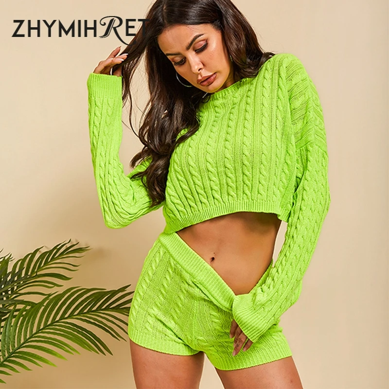 

ZHYMIHRE 2019 Autumn Winter Neon Knitted Sweater And Shorts Two Piece Set Women Long Sleeve Crop Tops Bodycon Shorts 2 Piece Set