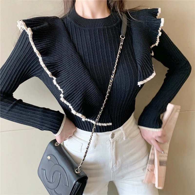 Mozuleva 2019 Sweet O-neck Ruffles Women Knitted Sweater Autumn Winter Warm Slim Long-sleeved Female Pullover Jumpers Vestidos Mozuleva 2019 Sweet O-neck Ruffles Women Knitted Sweater Autumn Winter Warm Slim Long-sleeved Female Pullover Jumpers Vestidos
