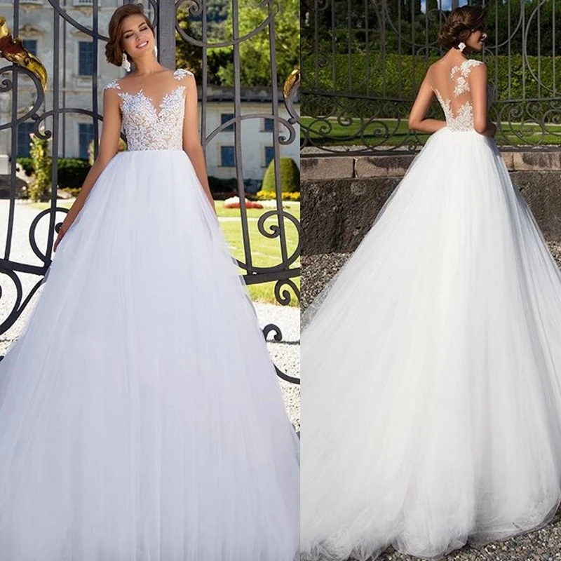 

Illusion Tulle Boho Wedding Dress Vestidos de Noiva Mariage A Line Lace Appliques Sleeveless Bridal Dresses Wedding Gowns