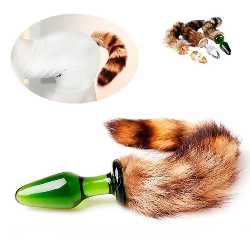 Анальная пробка с лисьим хвостом прозрачная стеклянная анальная для заднего