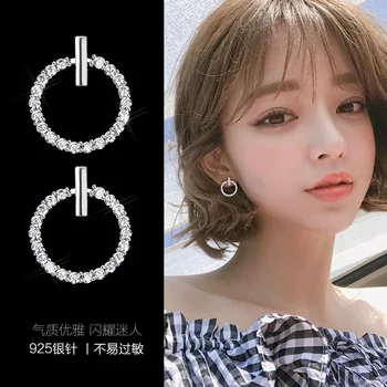 

Free Shipping Fashion 925 Sterling Silver Crystal Rhinestone Geometric Round Stud Earrings For Women Beautiful Jewelry Women