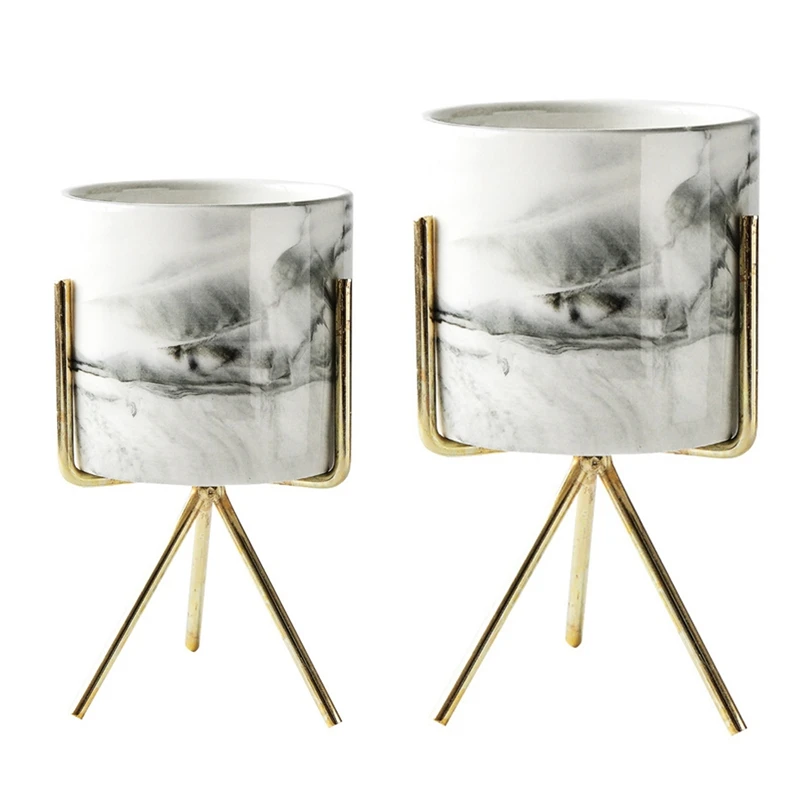 

2 Pcs Nordic Home Minimalist Style Marble Vase Wrought Iron Tabletop Succulent Flower Pot Gold + White Ceramic , S & M