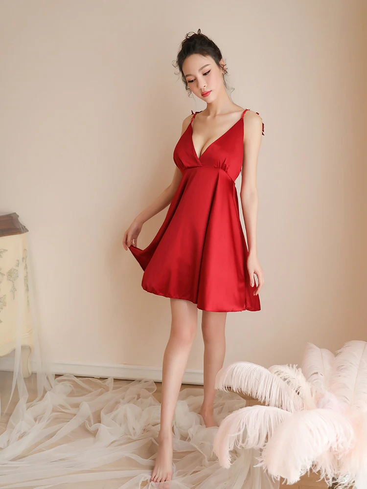 Angle Wing Ночное платье с вышивкой стринги Спагетти ремень спинки атласная сексуальная женская ночная рубашка домашняя одежда
